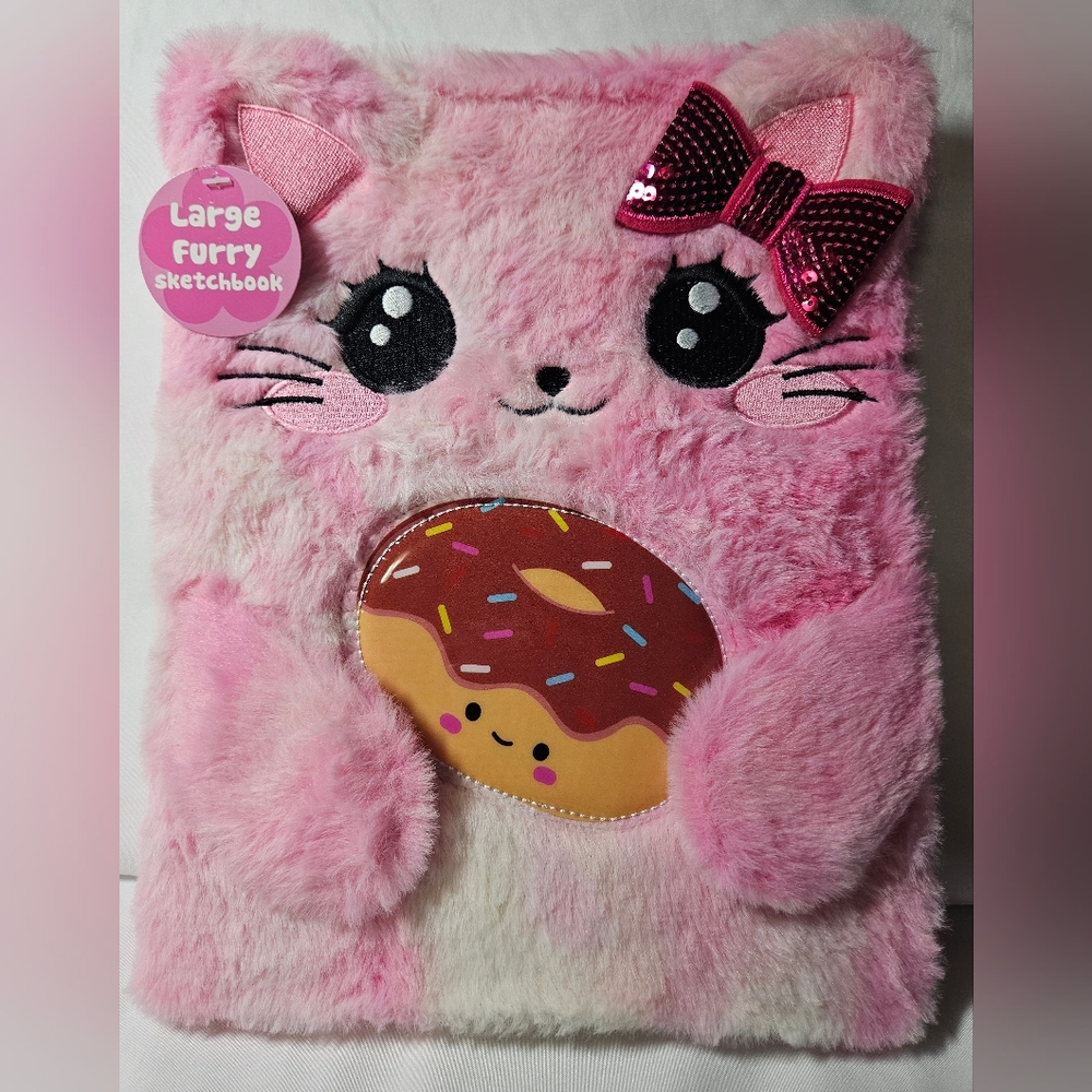 Large Pink Furry Cat Sketchbook with Donut | Hardcover NWT